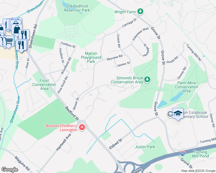 map of restaurants, bars, coffee shops, grocery stores, and more near 42 Drummer Boy Way in Lexington