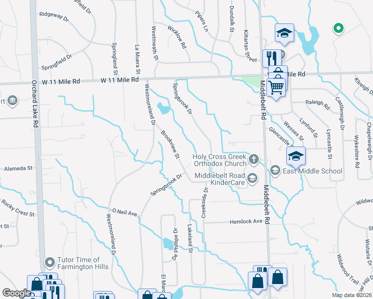 map of restaurants, bars, coffee shops, grocery stores, and more near 25250 Brookview Street in Farmington Hills
