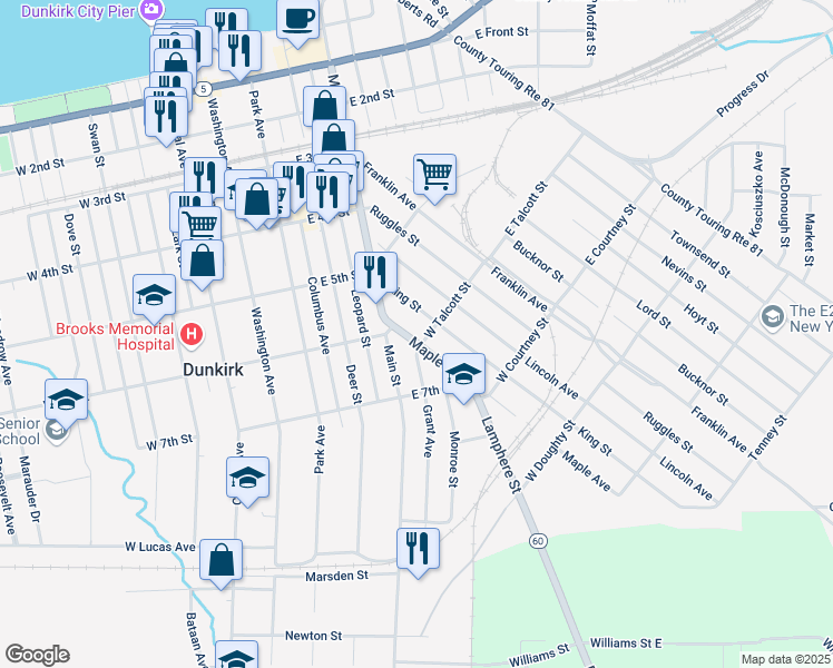 map of restaurants, bars, coffee shops, grocery stores, and more near 104 Maple Avenue in Dunkirk