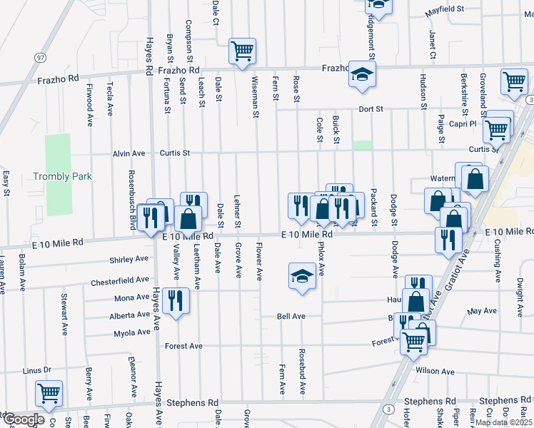 map of restaurants, bars, coffee shops, grocery stores, and more near 15607 East 10 Mile Road in Eastpointe