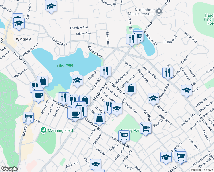 map of restaurants, bars, coffee shops, grocery stores, and more near 185-187 Tracy Avenue in Lynn