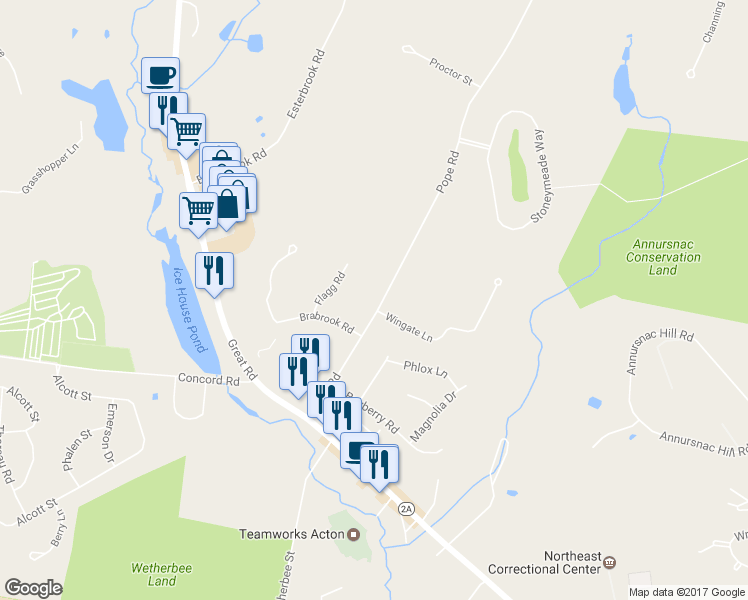 map of restaurants, bars, coffee shops, grocery stores, and more near 54 Pope Road in Acton