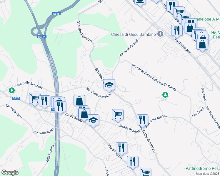 map of restaurants, bars, coffee shops, grocery stores, and more near 101 Strada del Palazzo in Pescara