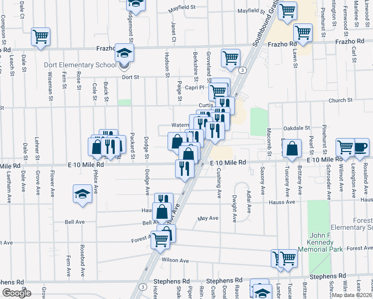 map of restaurants, bars, coffee shops, grocery stores, and more near 16636 Roberts Street in Roseville