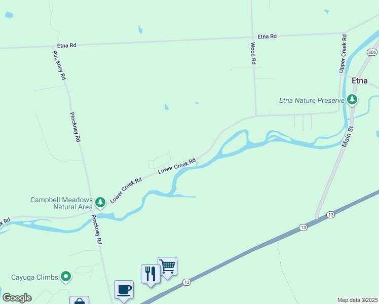 map of restaurants, bars, coffee shops, grocery stores, and more near 214 Lower Creek Road in Ithaca