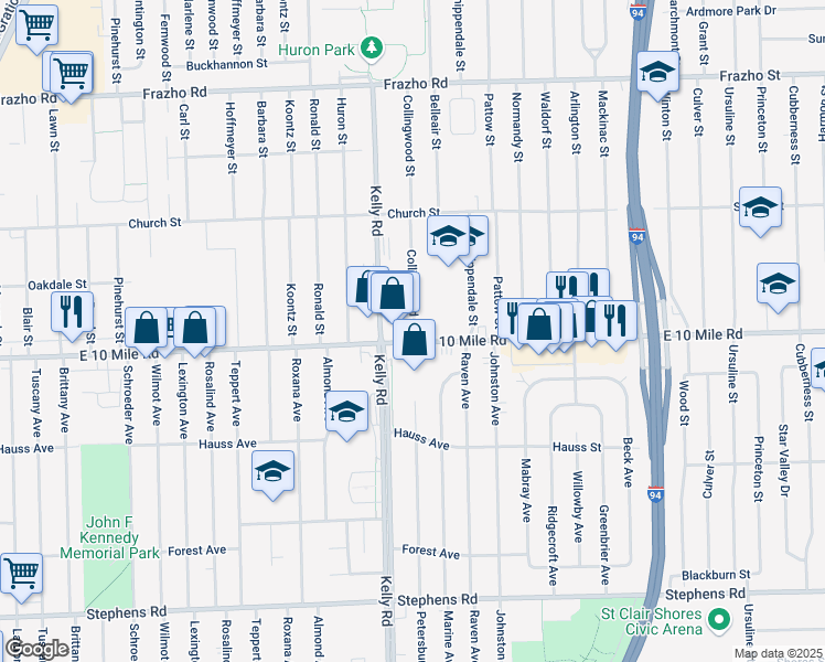 map of restaurants, bars, coffee shops, grocery stores, and more near 18700 East 10 Mile Road in Eastpointe