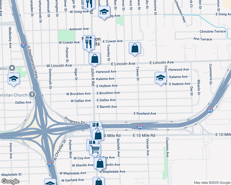 map of restaurants, bars, coffee shops, grocery stores, and more near 447 East Brockton Avenue in Madison Heights