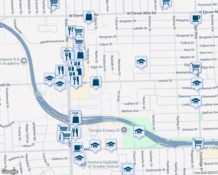 map of restaurants, bars, coffee shops, grocery stores, and more near 25640 Lincoln Terrace in Oak Park