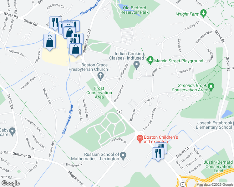 map of restaurants, bars, coffee shops, grocery stores, and more near 10 Pine Knoll Road in Lexington