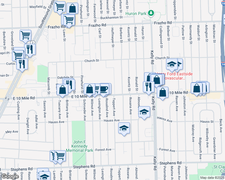 map of restaurants, bars, coffee shops, grocery stores, and more near in Eastpointe