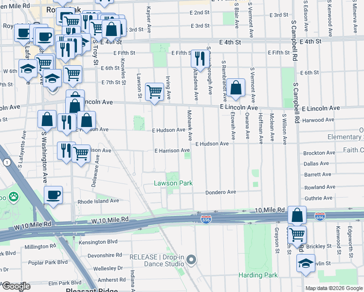 map of restaurants, bars, coffee shops, grocery stores, and more near 1107 Longfellow Avenue in Royal Oak