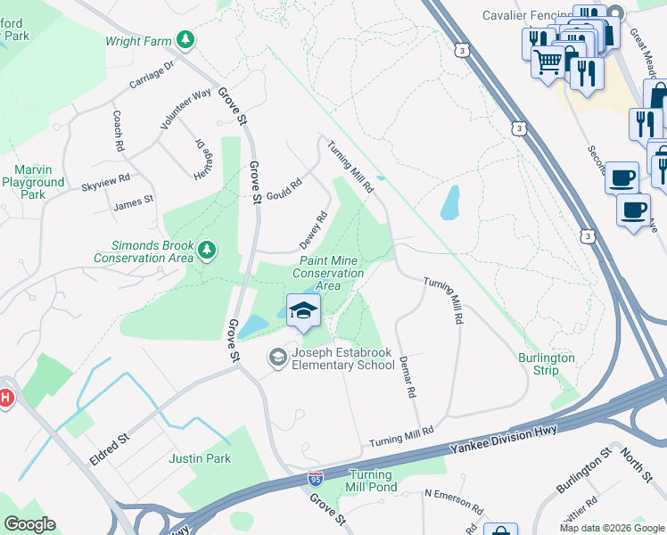 map of restaurants, bars, coffee shops, grocery stores, and more near Paint Mine Trail in Lexington