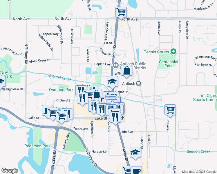 map of restaurants, bars, coffee shops, grocery stores, and more near 842 Main Street in Antioch