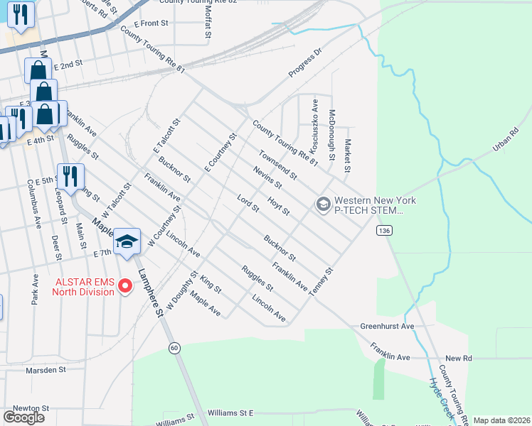 map of restaurants, bars, coffee shops, grocery stores, and more near 331 Lord Street in Dunkirk