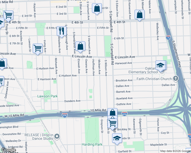 map of restaurants, bars, coffee shops, grocery stores, and more near 1127 Hoffman Avenue in Royal Oak