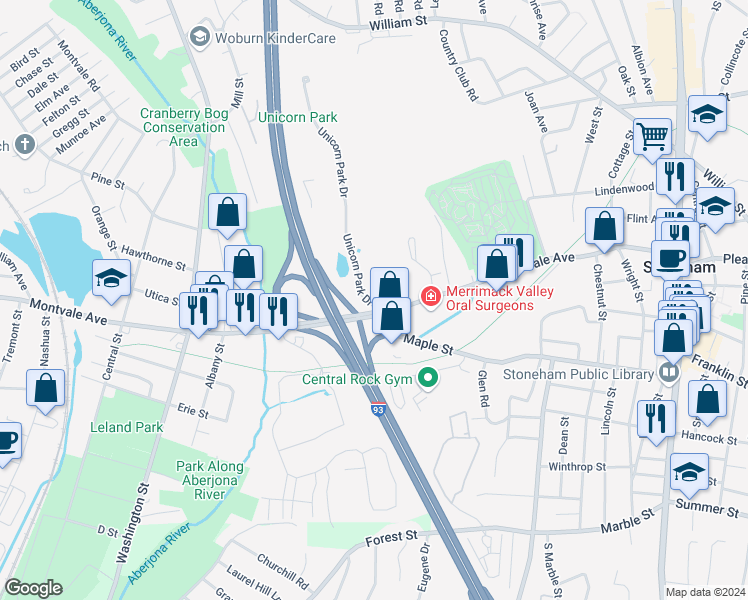 map of restaurants, bars, coffee shops, grocery stores, and more near 103 Montvale Avenue in Stoneham