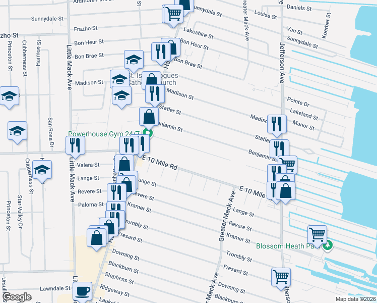 map of restaurants, bars, coffee shops, grocery stores, and more near 21803 East 10 Mile Road in St. Clair Shores