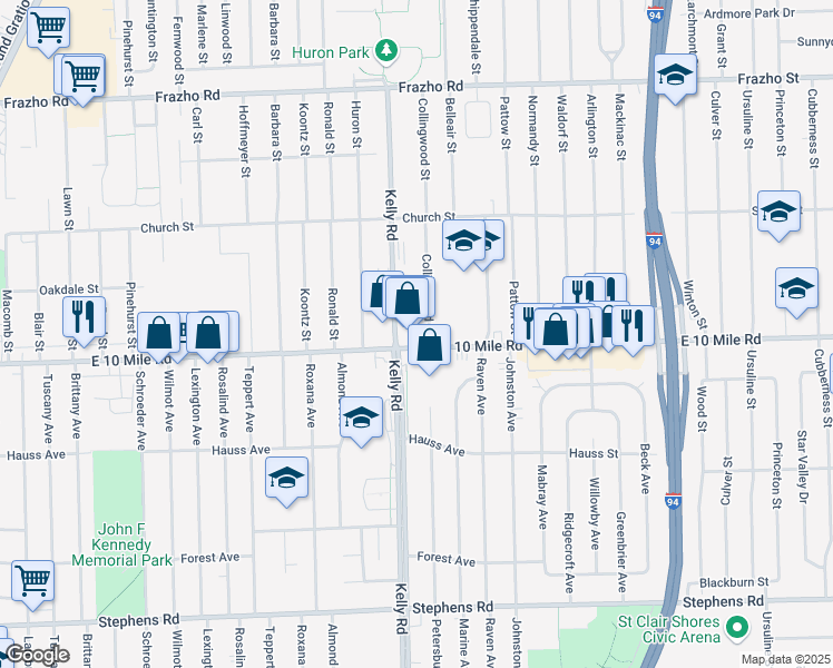 map of restaurants, bars, coffee shops, grocery stores, and more near 18675 East 10 Mile Road in Roseville