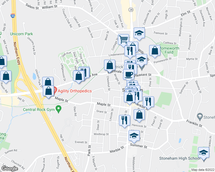 map of restaurants, bars, coffee shops, grocery stores, and more near 17 Chestnut Street in Stoneham