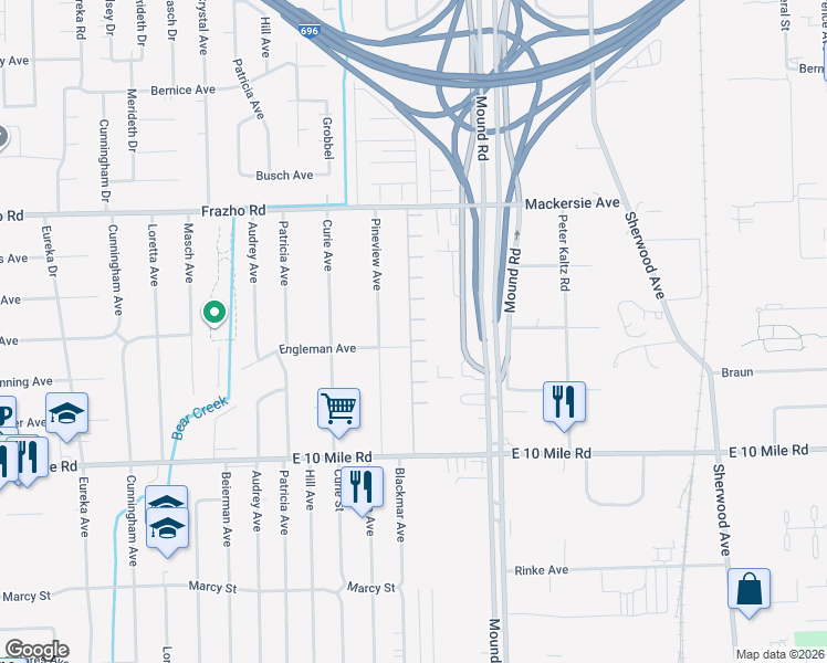 map of restaurants, bars, coffee shops, grocery stores, and more near 25351 Joanne Smith Drive in Warren