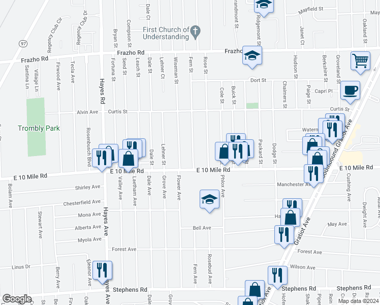 map of restaurants, bars, coffee shops, grocery stores, and more near 25143 Fern Street in Roseville