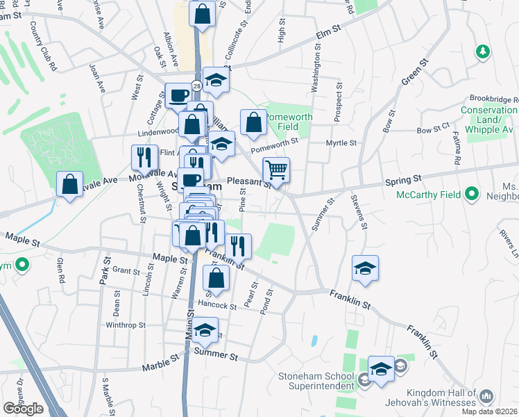 map of restaurants, bars, coffee shops, grocery stores, and more near 16 Pine Street in Stoneham