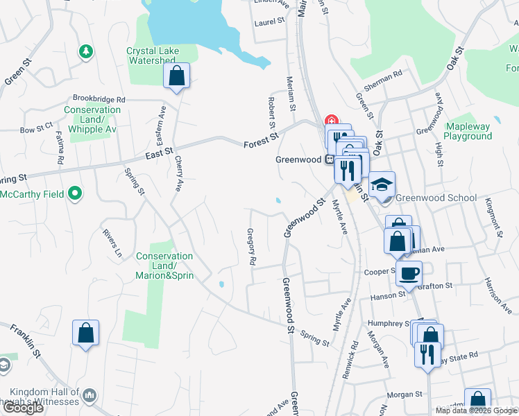 map of restaurants, bars, coffee shops, grocery stores, and more near 3 Arthur Road in Wakefield