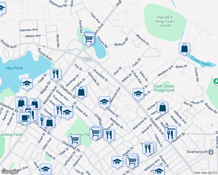 map of restaurants, bars, coffee shops, grocery stores, and more near 13 Milton Street in Lynn