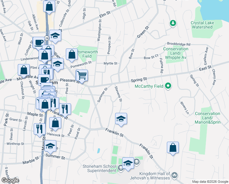 map of restaurants, bars, coffee shops, grocery stores, and more near 52 Gould Street in Stoneham