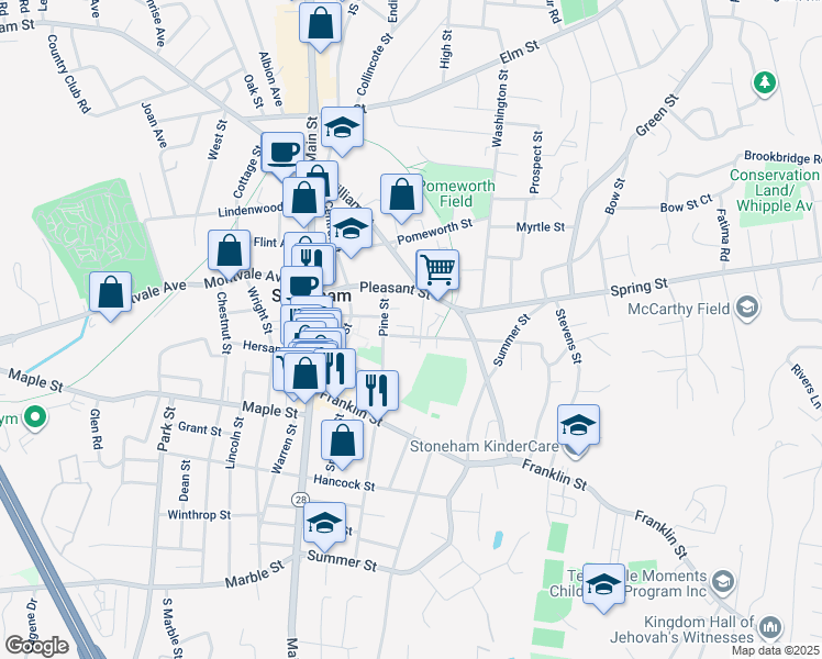 map of restaurants, bars, coffee shops, grocery stores, and more near 16 Pine Street in Stoneham