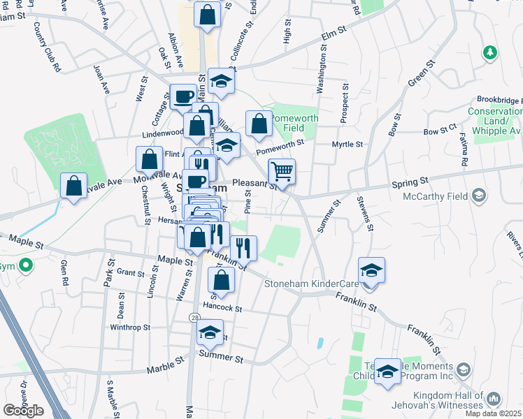 map of restaurants, bars, coffee shops, grocery stores, and more near 16 Pine Street in Stoneham