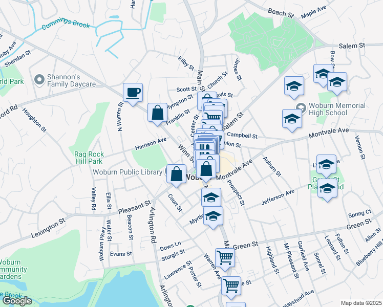 map of restaurants, bars, coffee shops, grocery stores, and more near in Woburn