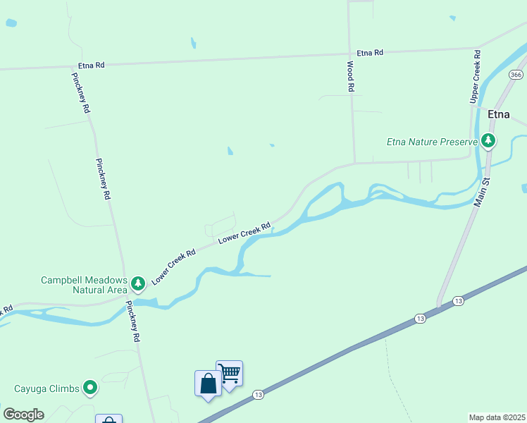 map of restaurants, bars, coffee shops, grocery stores, and more near 214 Lower Creek Road in Ithaca