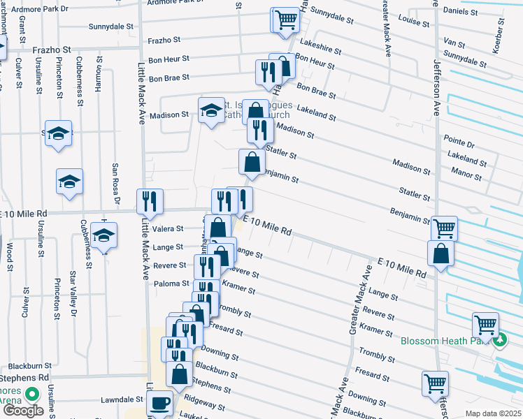 map of restaurants, bars, coffee shops, grocery stores, and more near in St. Clair Shores