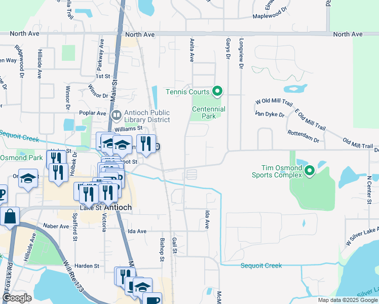 map of restaurants, bars, coffee shops, grocery stores, and more near 23340 Depot Street in Antioch