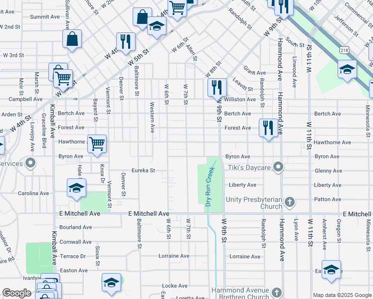 map of restaurants, bars, coffee shops, grocery stores, and more near 1706 West 7th Street in Waterloo