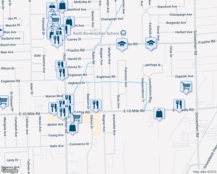map of restaurants, bars, coffee shops, grocery stores, and more near 25158 Marilyn Avenue in Warren