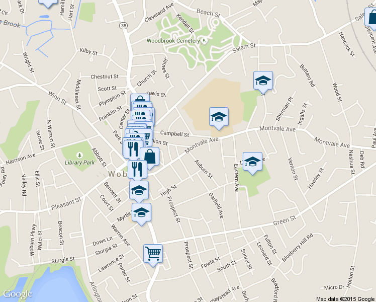 map of restaurants, bars, coffee shops, grocery stores, and more near Montvale Ave & Auburn St in Woburn