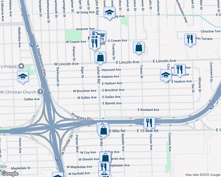map of restaurants, bars, coffee shops, grocery stores, and more near 71 East Brockton Avenue in Madison Heights