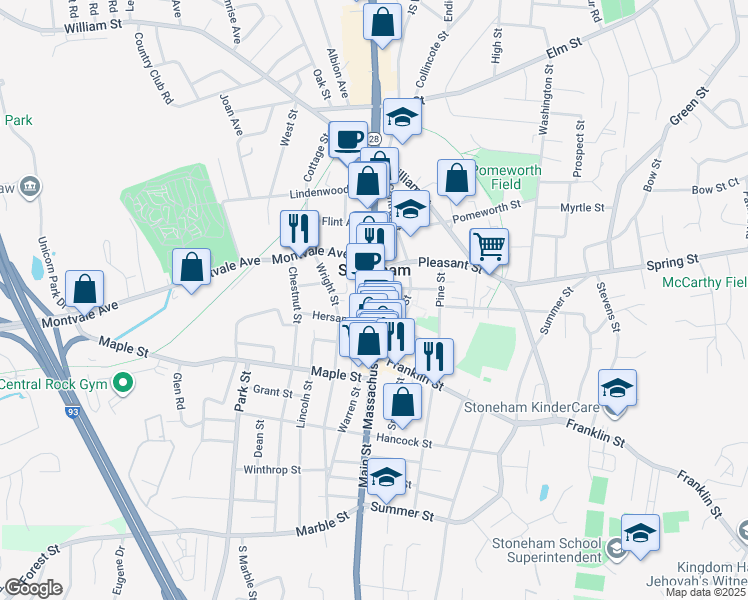 map of restaurants, bars, coffee shops, grocery stores, and more near 457 Main Street in Stoneham