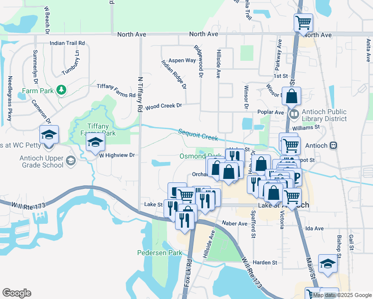 map of restaurants, bars, coffee shops, grocery stores, and more near 761 Hillandale Drive in Antioch