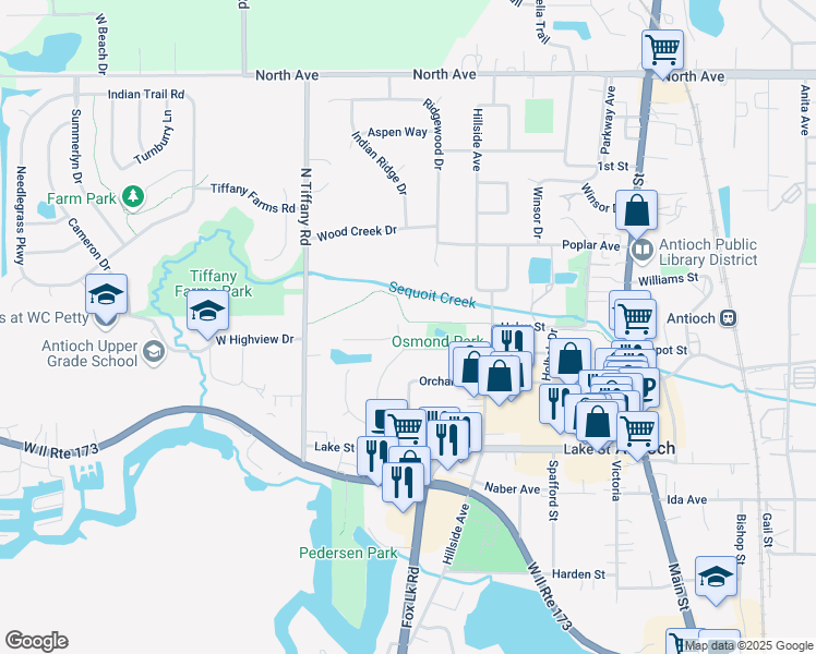 map of restaurants, bars, coffee shops, grocery stores, and more near 761 Hillandale Drive in Antioch