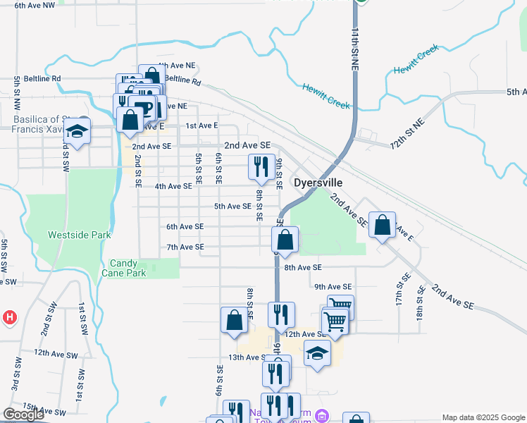 map of restaurants, bars, coffee shops, grocery stores, and more near 825 4th Ave SE in Dyersville