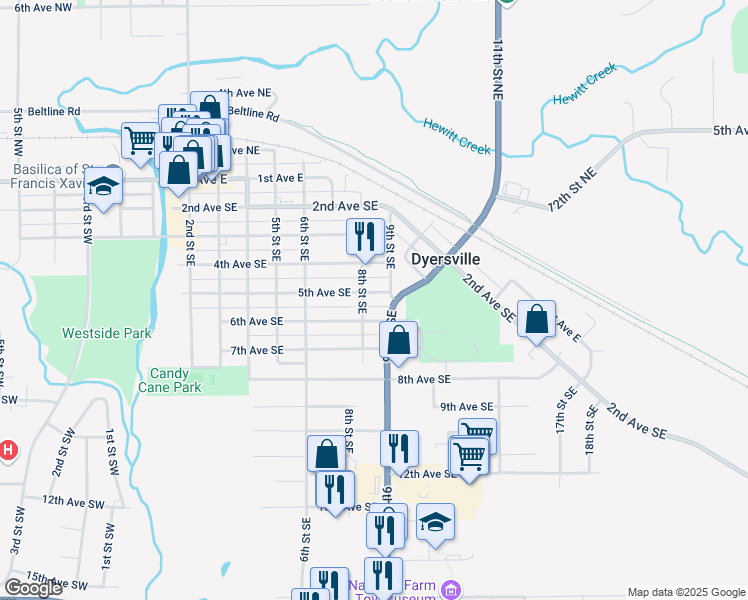 map of restaurants, bars, coffee shops, grocery stores, and more near 825 4th Ave SE in Dyersville