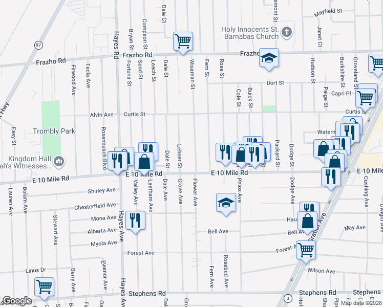 map of restaurants, bars, coffee shops, grocery stores, and more near 25284 Wiseman Street in Roseville