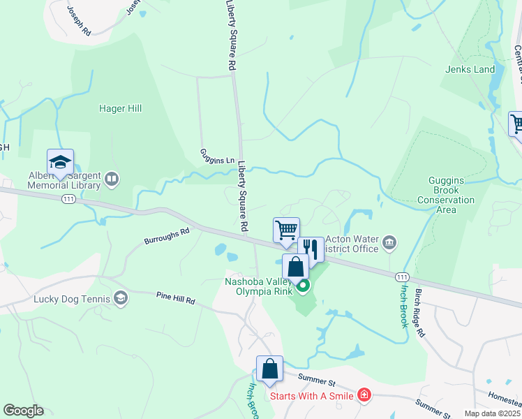 map of restaurants, bars, coffee shops, grocery stores, and more near 73 Liberty Square Road in Boxborough