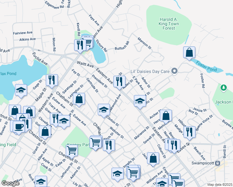 map of restaurants, bars, coffee shops, grocery stores, and more near 509 Eastern Avenue in Lynn