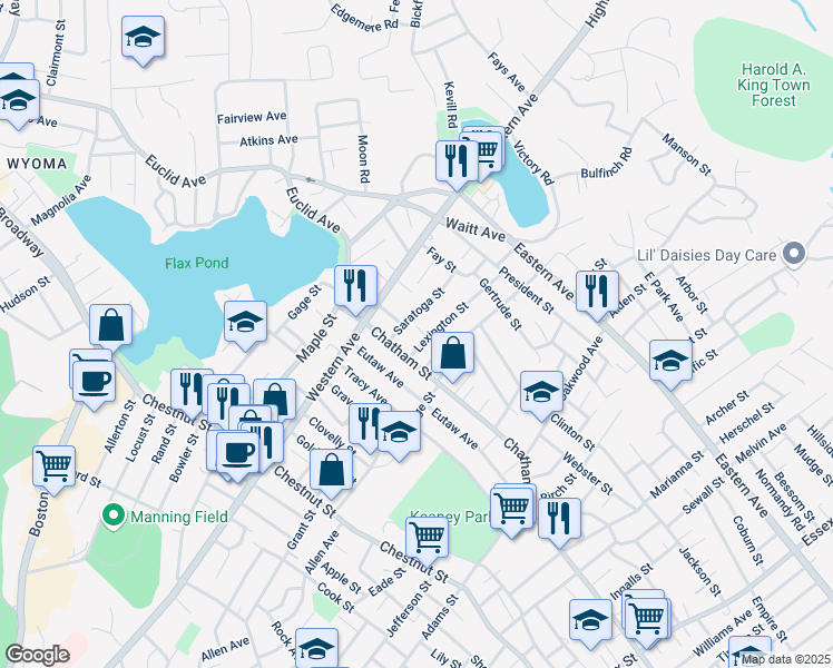 map of restaurants, bars, coffee shops, grocery stores, and more near 45 Saratoga Street in Lynn