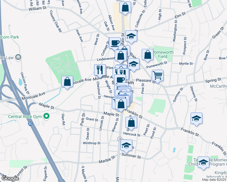 map of restaurants, bars, coffee shops, grocery stores, and more near 65 Wright Street in Stoneham