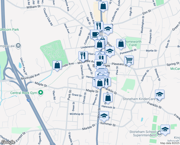 map of restaurants, bars, coffee shops, grocery stores, and more near 65 Wright Street in Stoneham